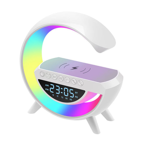 Lampa Smart LED RGB si Incarcator Wireless 15W, Lumini Ambientale, Sincronizare muzicala, Difuzor 5W, Muzica Bluetooth, USB, FM Radio, MicroSD, AUX, Afisaj Ceas Digital, Alarma, Alb